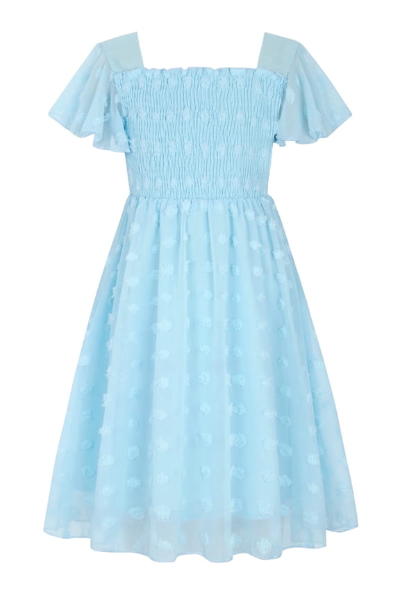 Girls Chiffon Dress Flutter Ruffle Short Sleeve Kids Square Neck Frocks Blue 6-13Y