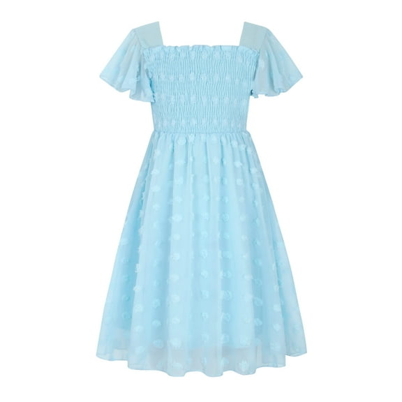 Aideaone Girls Chiffon Dress Flutter Ruffle Short Sleeve Kids Square Neck Frocks Blue 6-13Y