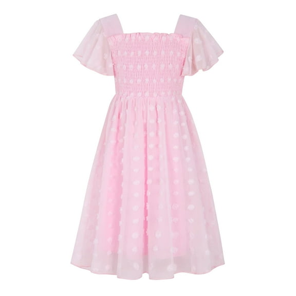 Aideaone Girls Chiffon Dress Flutter Ruffle Short Sleeve Kids Square Neck Frocks Pink 6-13Y