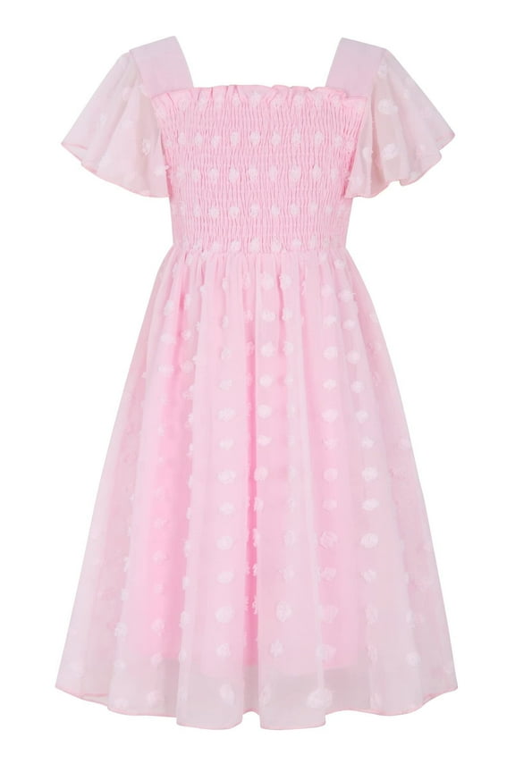 Girls Chiffon Dress Flutter Ruffle Short Sleeve Kids Square Neck Frocks Pink 6-13Y