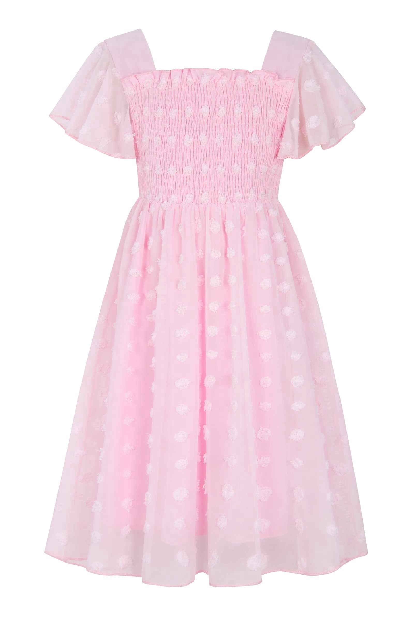 Girls Chiffon Dress Flutter Ruffle Short Sleeve Kids Square Neck Frocks Pink 6-13Y