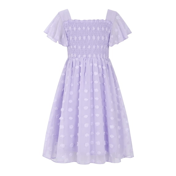 Aideaone Girls Chiffon Dress Flutter Ruffle Short Sleeve Kids Square Neck Frocks Purple 6-13Y