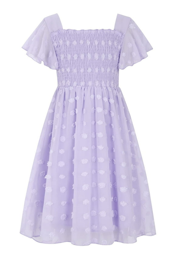 Girls Chiffon Dress Flutter Ruffle Short Sleeve Kids Square Neck Frocks Purple 6-13Y