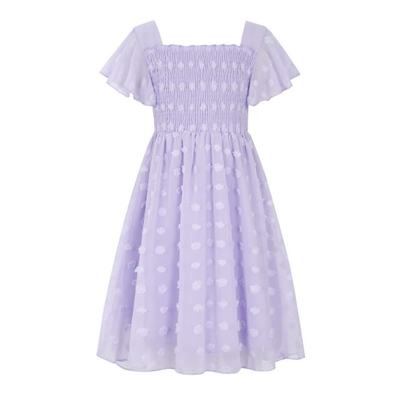 Aideaone Girls Chiffon Dress Flutter Ruffle Short Sleeve Kids Square Neck Frocks Purple 6-13Y