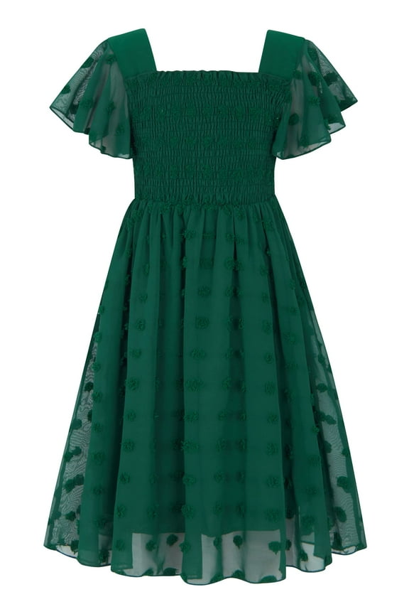 Girls Chiffon Dress Flutter Ruffle Short Sleeve Kids Square Neck Frocks Green 6-13Y
