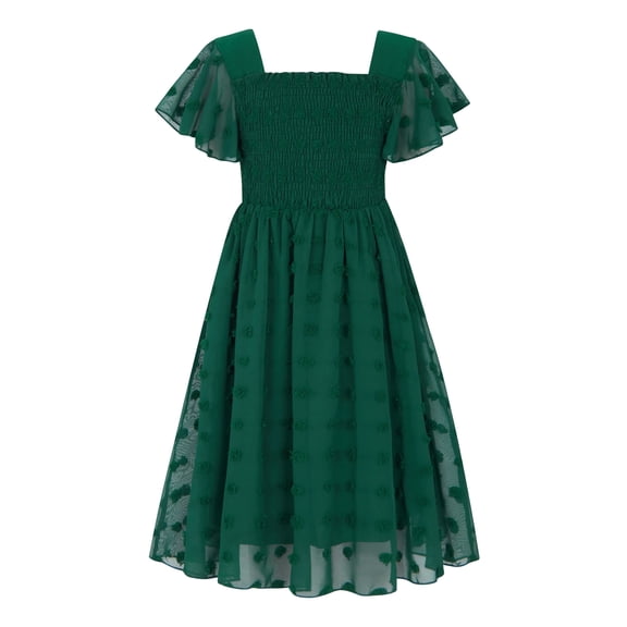 Aideaone Girls Chiffon Dress Flutter Ruffle Short Sleeve Kids Square Neck Frocks Green 6-13Y