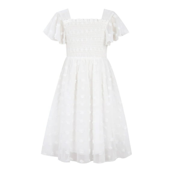 Aideaone Girls Chiffon Dress Flutter Ruffle Short Sleeve Kids Square Neck Frocks White 6-13Y