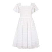 Aideaone Girls Chiffon Dress Flutter Ruffle Short Sleeve Kids Square Neck Frocks White 6-13Y