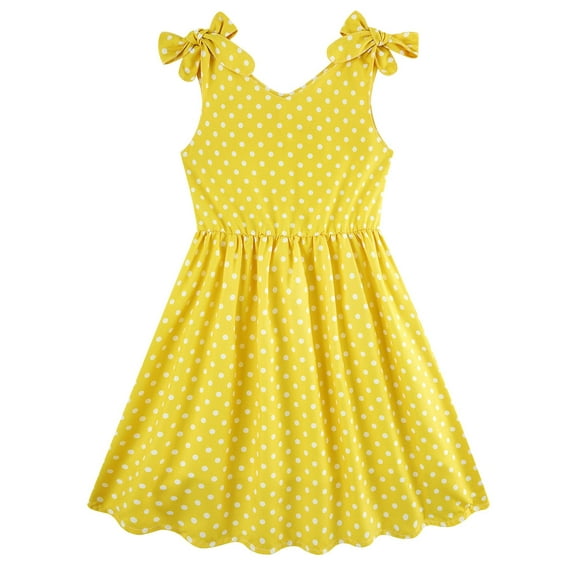 Aideaone Girls Dresses Sleeveless Summer Dress Bowknot Strap Polka Dot V Neck Sundress Yellow 3-10T