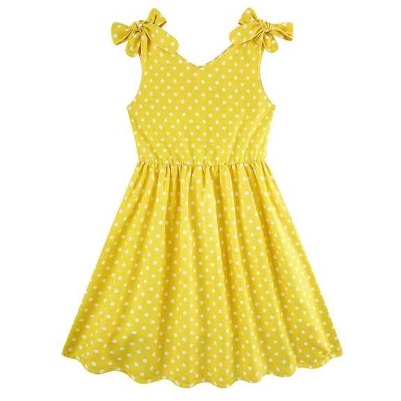 Aideaone Girls Dresses Sleeveless Summer Dress Bowknot Strap Polka Dot V Neck Sundress Yellow 3-10T