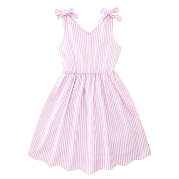 Aideaone Girls Dresses Sleeveless Summer Dress Bowknot Strap Stripe V Neck Sundress Pink 3-10T