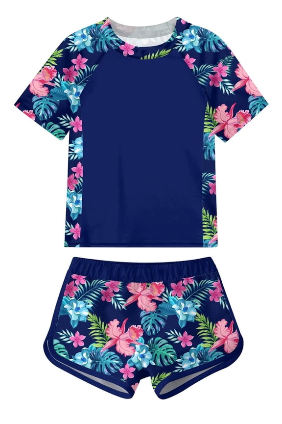 Girls Short Sleeve Swimsuit 2-Piece Tankini Rash Guard Bathing Suit Sets Beach Swimwear 8-14T