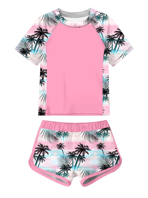 Girls Short Sleeve Swimsuit 2-Piece Tankini Rash Guard Bathing Suit Sets Beach Swimwear 8-14T