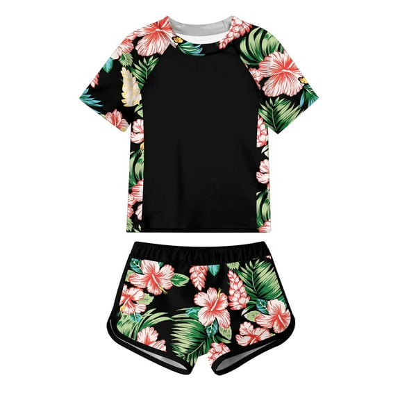 Aideaone Girls Short Sleeve Swimsuit 2-Piece Tankini Rash Guard Bathing Suit Sets Beach Swimwear 8-14T