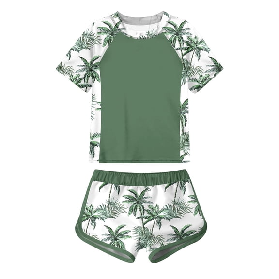 Aideaone Girls Short Sleeve Swimsuit 2-Piece Tankini Rash Guard Bathing Suit Sets Beach Swimwear 8-14T