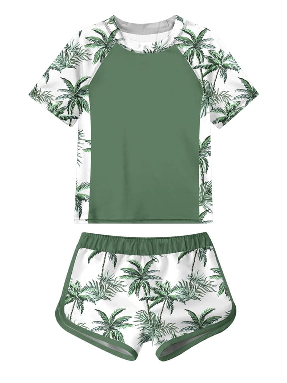 Girls Short Sleeve Swimsuit 2-Piece Tankini Rash Guard Bathing Suit Sets Beach Swimwear 8-14T