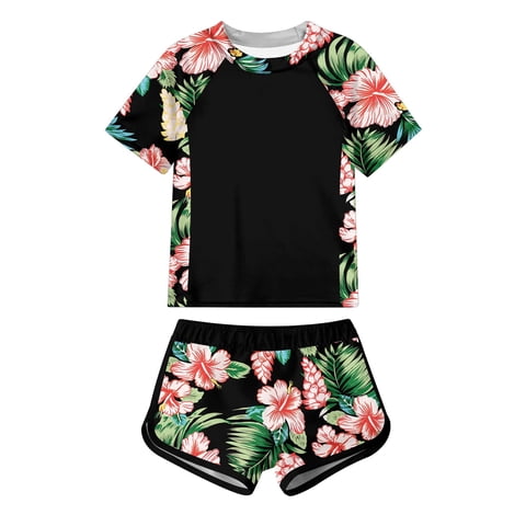 Girls Short Sleeve Swimsuit 2-Piece Tankini Rash Guard Bathing Suit Sets Beach Swimwear 8-14T