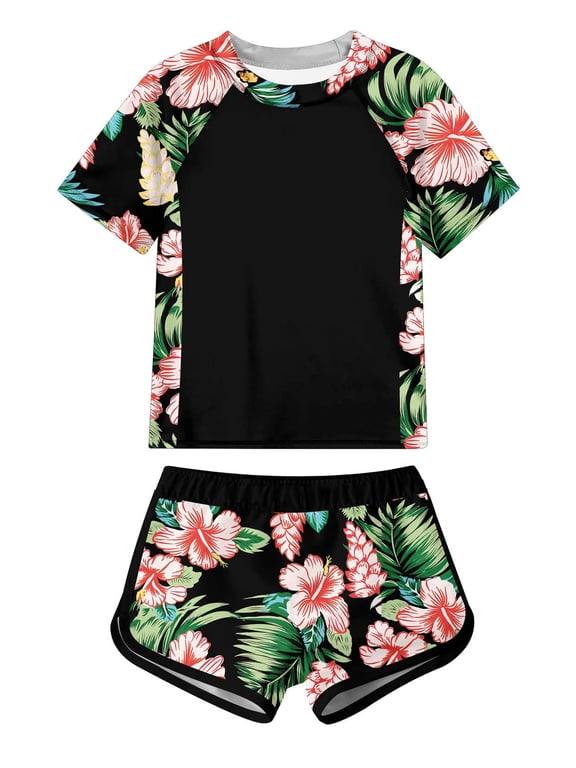 Girls Short Sleeve Swimsuit 2-Piece Tankini Rash Guard Bathing Suit Sets Beach Swimwear 8-14T