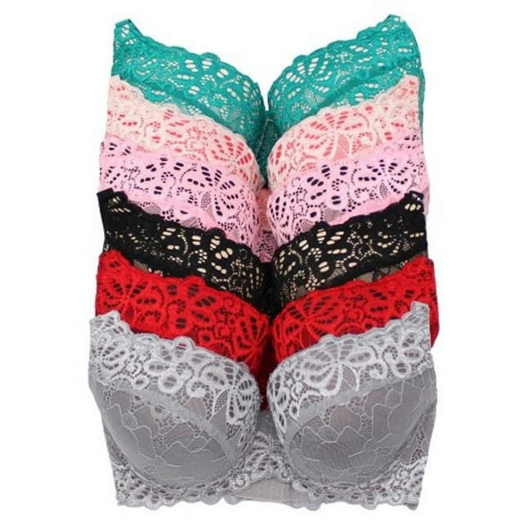 Youmita Color Lace B, C, D & DD Cups Bras, 38DDD - Pack of 6