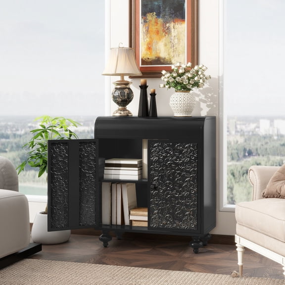 Youmumeub 27.5" Accent Cabinet with 2 Doors, Steel Sideboard Buffet with Embossed Pattern, Distressed Black & Gold Finish for Living Room, Entryway