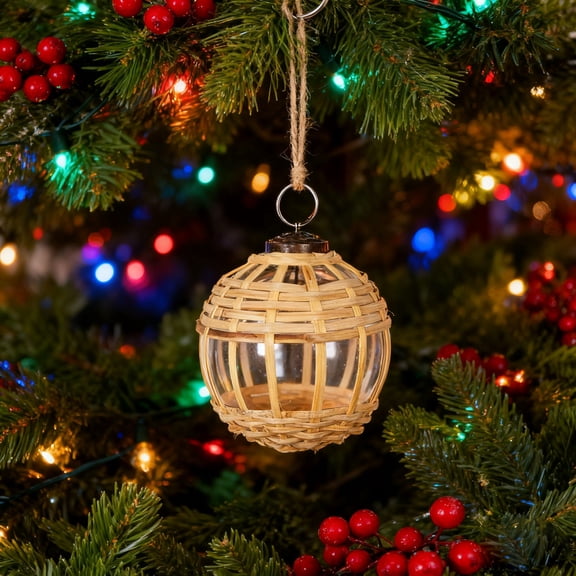 Youmumeub 3-Piece Glass & Cane Christmas Ornaments, 3.3" Boho Woven Ball Decorations, Beige Rattan Style Baubles for Holiday Tree & Rustic Party Decor