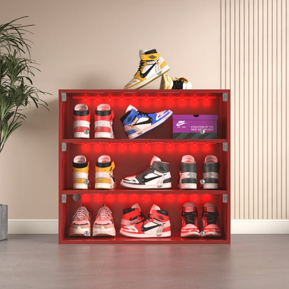 Youmumeub 3-Tier Shoe Box Cabinet with LED Lights, Red Wood Sneaker Storage Display Case with Glass Doors, Remote Control Multi-Color Lighting