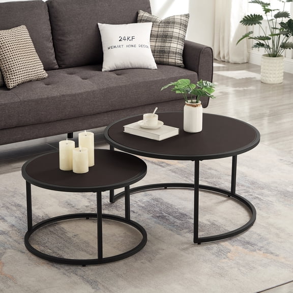 Youmumeub 31.5" Round Nesting Coffee Table Set of 2, Modern Faux Leather Stacking Tea Tables with Metal Frame, Industrial Accent Furniture for Living Room, Dark Brown