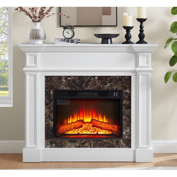 Youmumeub 46" Electric Fireplace with Mantel, Freestanding White Stacked Stone Heater, Realistic 3D LED Flame, Remote & Timer for Living Room