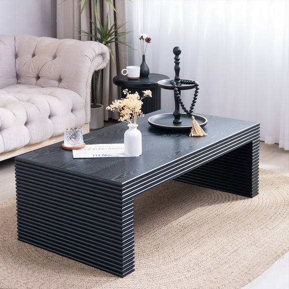 Youmumeub 48-inch Black Rectangular Coffee Table, Modern Center Table with Ribbed Texture, Low-Profile Cocktail Table for Living Room, Matte Finish