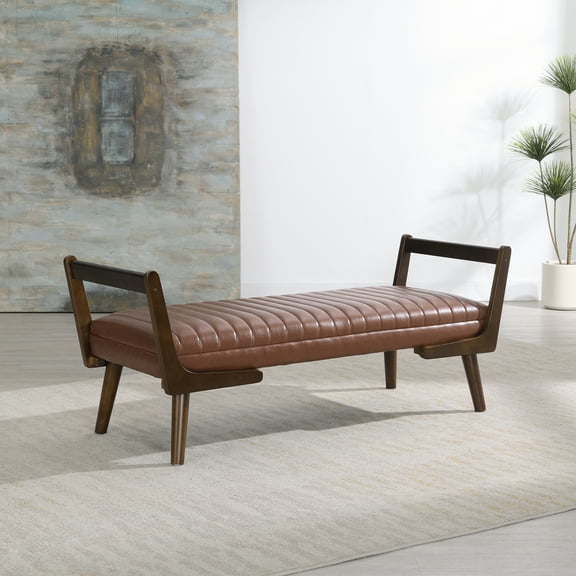 Youmumeub 52" Mid Century Bench, Modern PU Leather Entryway Bench with Walnut Wood Legs, Upholstered Bedroom End of Bed Bench, Cognac Brown
