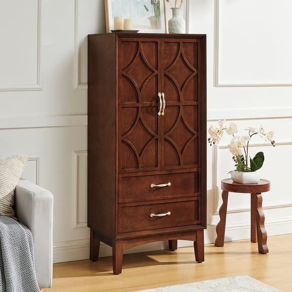 Youmumeub 53.5" Tall Mid Century Modern Storage Cabinet, Walnut Buffet Server with Geometric Doors, Retro Kitchen Pantry Sideboard for Living Room Dining Room
