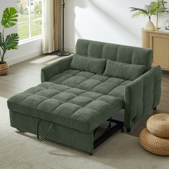 Youmumeub 53" Convertible Sleeper Sofa Bed, Green Chenille Loveseat with Pull Out Mattress & USB Ports, Adjustable Backrest Guest Couch with 2 Pillows for Living Room