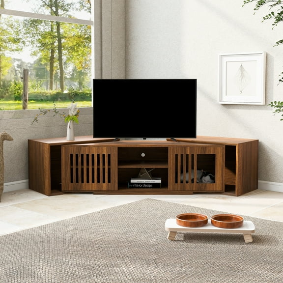 Youmumeub 54"- 80" Extendable TV Stand, Mid-Century Modern Media Console in Walnut with Sliding Door and Pet-Friendly Storage Compartment