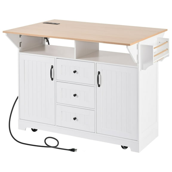 Youmumeub 56" Rolling Kitchen Island with Storage & Power Outlet, Farmhouse Kitchen Cart with Drawers, Spice Rack & Adjustable Shelves, White