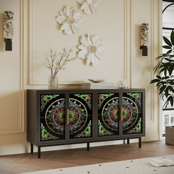 Youmumeub 60" Stained Glass Buffet Cabinet, Black 4-Door Sideboard with Artistic Painted Pattern, Decorative Storage Console for Dining Room & Hallway, Eclectic Modern Design