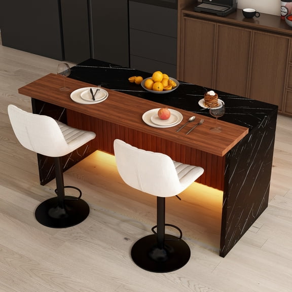Youmumeub 63" Kitchen Island Set with 2 Beige Stools, Modern Black Faux Marble Dining Table with LED Lights, Walnut Linear Design Breakfast Bar for Dining Room