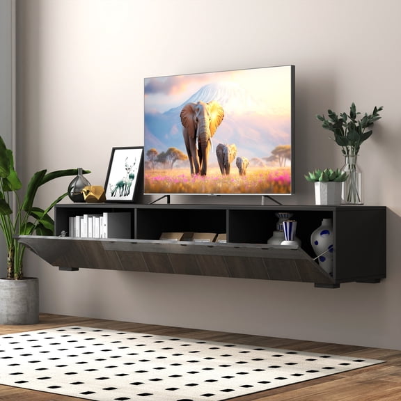 Youmumeub 63in Floating TV Console with Generous Storage - Wall Mounted Entertainment Center with Drop-Down Doors, Melamine Finish, Black Particle Board & MDF, Versatile Placement