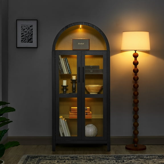 Youmumeub 67" Arched Display Cabinet, Black Modern Retro Storage Hutch with Built-in LED Light, Adjustable Glass Shelves & Wood Doors for Living Room