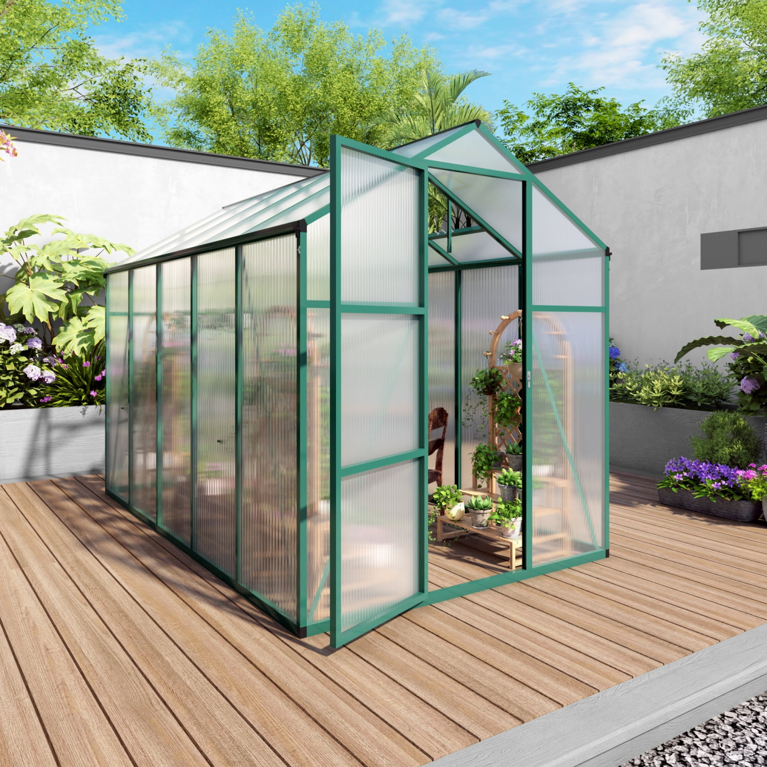 Youmumeub 6x10 Ft Polycarbonate Greenhouse with UV Protection, Spacious Walk-In Garden Hot House with Sliding Door & Vent, Aluminum Frame Plant Nursery for Backyard, Green