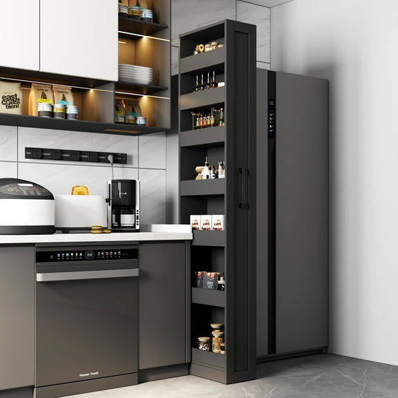 Youmumeub 7-Tier Slim Storage Cart, 7.87" Wide Pull-Out Pantry Organizer, Black MDF Rolling Utility Shelf with Handle for Kitchen, Laundry & Narrow Spaces