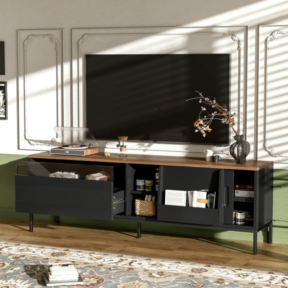 Youmumeub 71" Mid Century TV Console for 75" Screens, Large Entertainment Center with Storage & Sliding Doors, Walnut Top Media Table with Glass Drawer