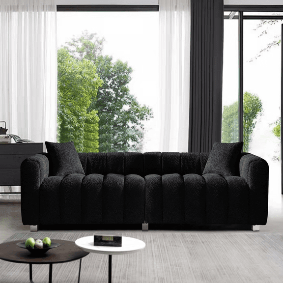 Youmumeub 87.4'' Modular Velvet 3-Seater Sofa – Space-Saving Configurable Bubble Couch with High-Density Foam, Sturdy Wooden Frame, 6 Base Legs, 2 Pillows, Black