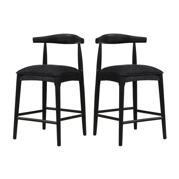 Youmumeub Counter Height Bar Stools Set of 2, Black Fabric Upholstered Dining Chairs for Kitchen Island, Mid Century Modern Solid Rubberwood Frame