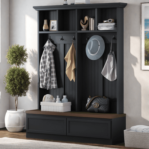 Youmumeub Entryway Organizer & Hall Tree with Coat Rack, 76" Tall Mudroom Furniture with Wood Bench, 2 Drawers & Cubbies, Black & Walnut MDF for Hallway