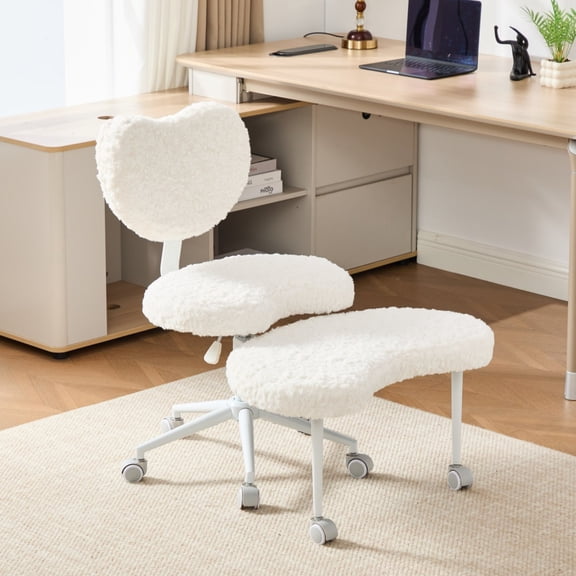 Youmumeub Flexible Active Seating Plus – Criss Cross Desk Chair for Focus & Fidgety Sitters, Plush Faux Fur & PU Leather, Adjustable 360° Footstool with Wheels, Beige, 300 lb