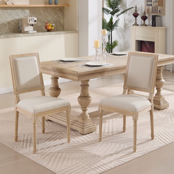 Youmumeub French Country Dining Chairs Set of 2, Upholstered Kitchen Chairs with Square Back, Solid Wood Frame with Carved Legs, Cotton Linen Upholstery for Dining Room, Beige