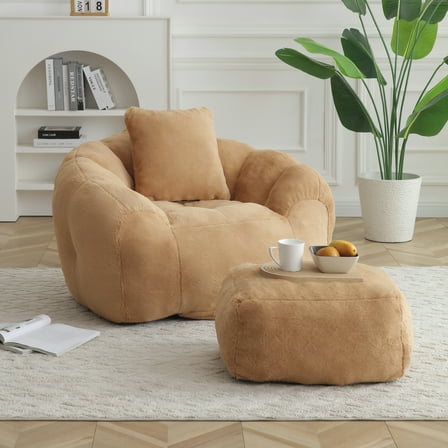 Youmumeub Giant Bean Bag Floor Sofa with Footstool, Ergonomic Foam Filled Reading Chair, Durable Faux Fur Lounger for Family Room, Khaki