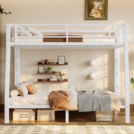 Youmumeub Heavy Duty Full XL over Queen Metal Bunk Bed, White Steel Frame Space Saving Bunkbed for Adults Teens, No Box Spring Needed, Noise Free Design