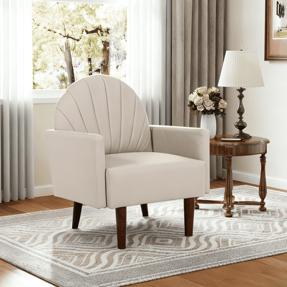 Youmumeub Khaki Shell Accent Chair – Compact PU Leather Armchair with Curved Shell Back, Soft Supportive Padding & Sturdy Wood Legs, Easy Assembly Ideal for Reading Nooks & Bedrooms