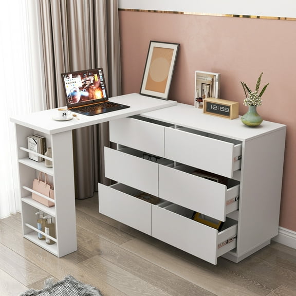Youmumeub L-Shaped Computer Desk with 6 Drawers and Shelves, Modern Corner Writing Desk with Large Storage Cabinet, White
